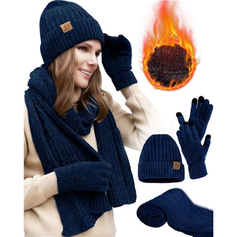 Womens Winter Knit Warm Hat Beanie Long Scarf Touch Screen Gloves Set Fleece